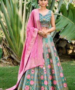 Blue And Pink Heavy Designer Lehenga Set With Embroidered Blouse